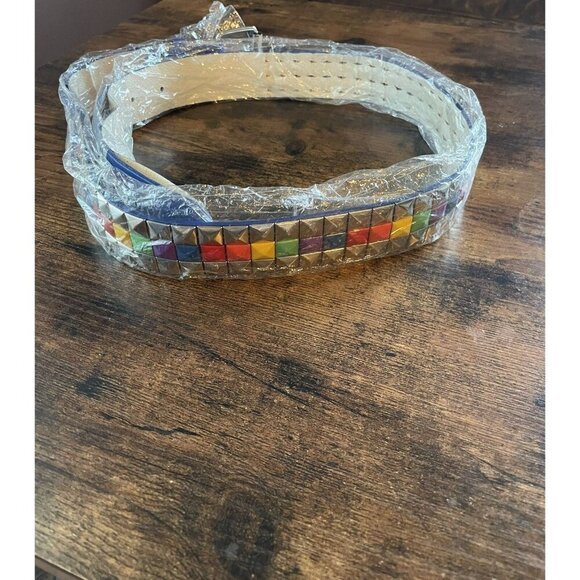 White Faux Leather Belt with Rainbow & Silver Studs – Colorful Design - Picture 2 of 2